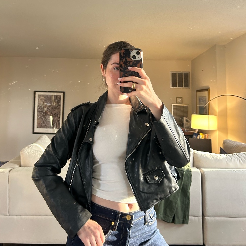 Bershka Black Faux Leather Cropped Moto Jacket